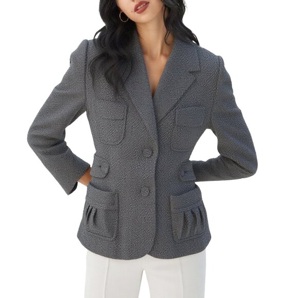 La Redoute Wool Blend Blazer Jacket Grey Herringbone Pattern Classic Ruffles - Picture 2 of 13
